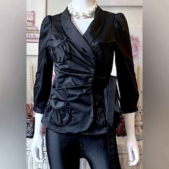 Anne Fontaine Rosemarie Ruched Cotton wrap blouse w/pockets black color size S - Picture 1 of 9